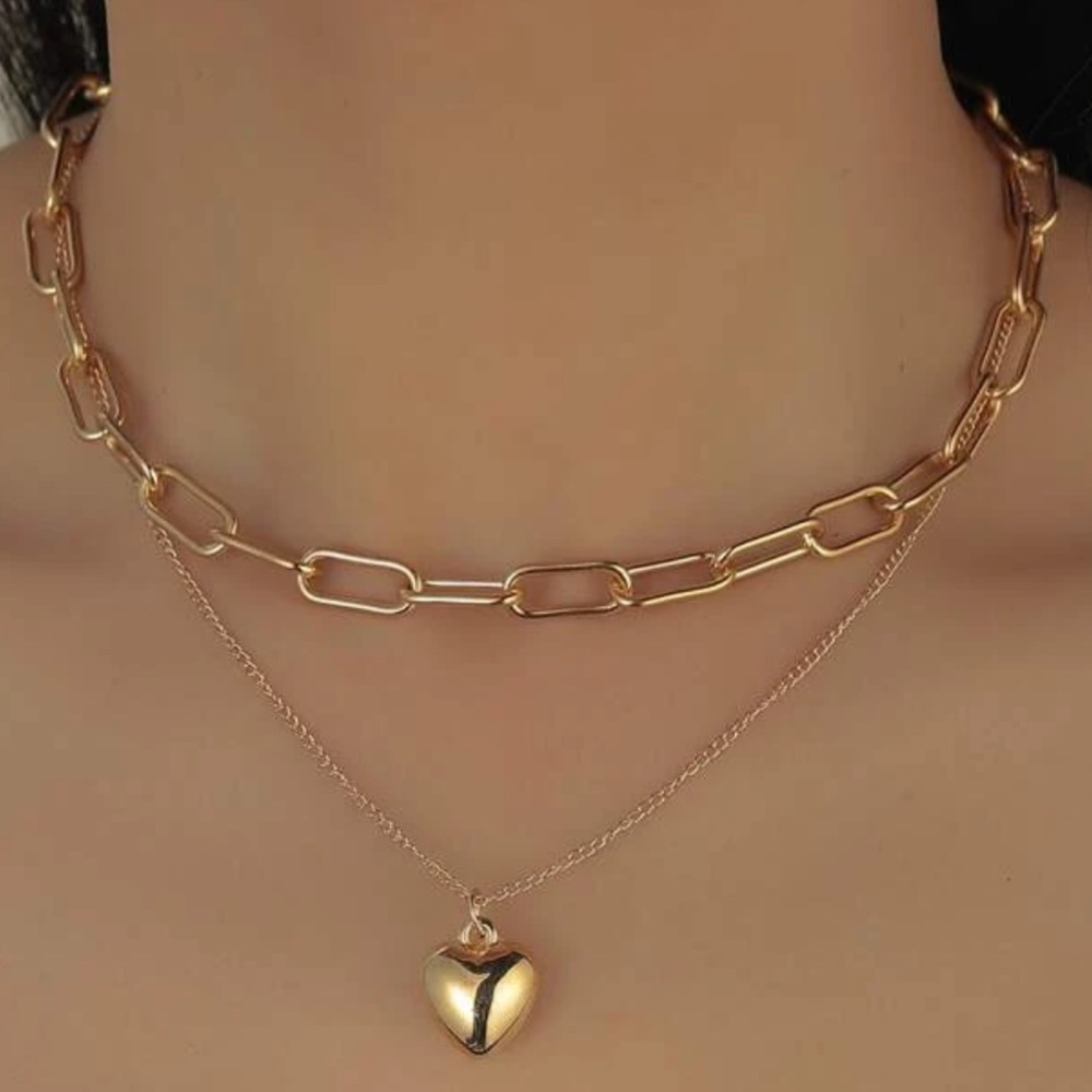 ON TREND Heart Charm & Chain link Layered Trending Style Gold layer necklace